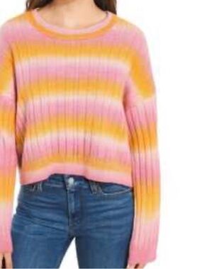 Divided Pink and Yellow Striped Ribbed Crewneck Sweater
